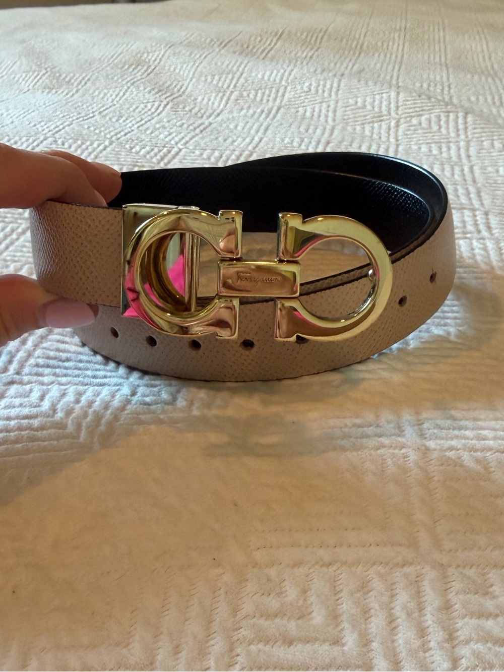 Salvatore Ferragamo Beige Leather Belt with Gold Double Gancini Buckle